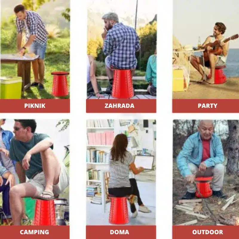Šest obrázků znázorňujících různé situace s červenou plastovou stoličkou - od pikniku přes zahradu, party, camping, domácí prostředí až po venkovní aktivity.