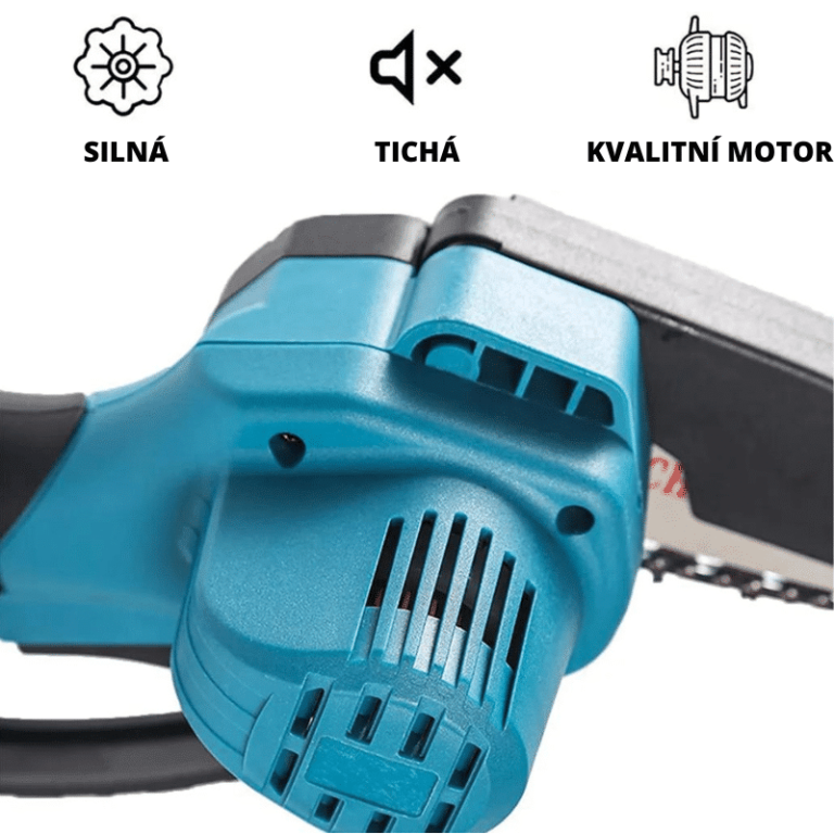 Modrá elektrická řetězová pila Makita v detailním záběru, zvýrazňující její silný, tichý a kvalitní motor s charakteristickým designem.