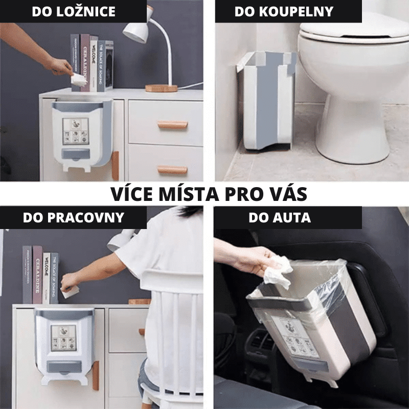 Multifunkční úložný kontejner v bílé a šedé barvě, který lze umístit do ložnice, koupelny, pracovny nebo auta pro efektivní ukládání drobných předmětů.