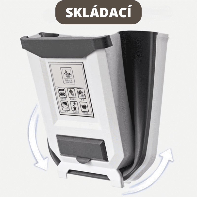 Bílý skládací odpadkový koš s šedými prvky, na jehož boku jsou znázorněny piktogramy s pokyny k použití a který lze díky šipkám složit nebo rozložit.
