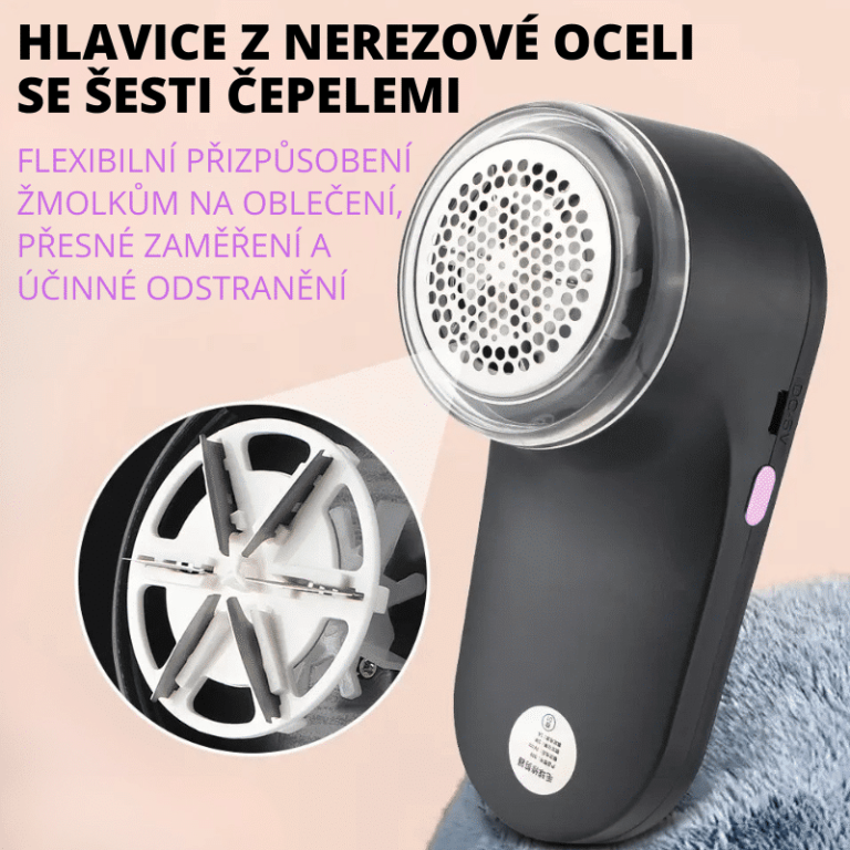 Černý odžmolkovač s šesti čepelemi z nerezové oceli, určený k flexibilnímu odstraňování žmolků z oblečení s přesným zaměřením a efektivním čištěním.
