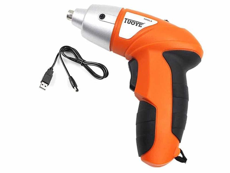 Bezdrátový elektrický šroubovák Tuoye v oranžovo-černém provedení s USB nabíjecím kabelem, určený pro pohodlné domácí nebo profesionální použití.
